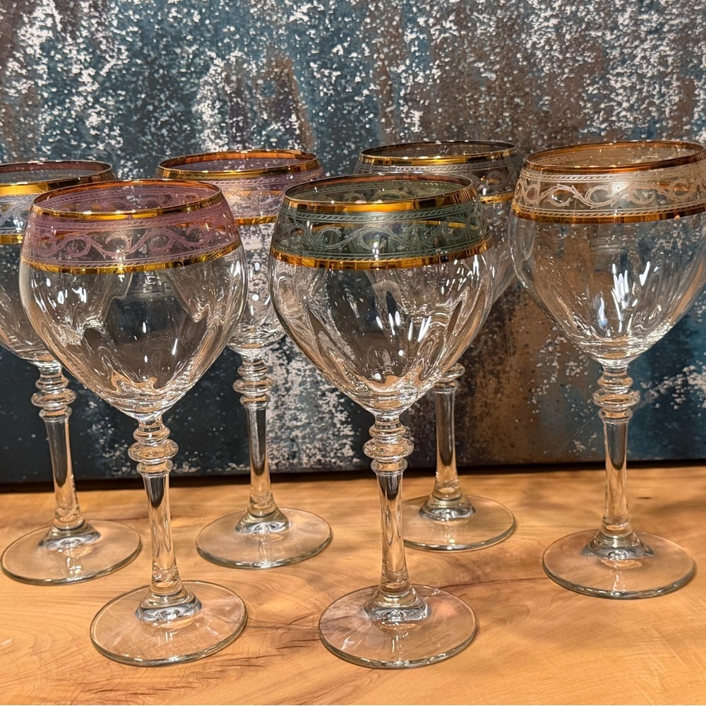 Exquisite Vintage Italian Crystal Wine Glasses by Fumo; Set of 6